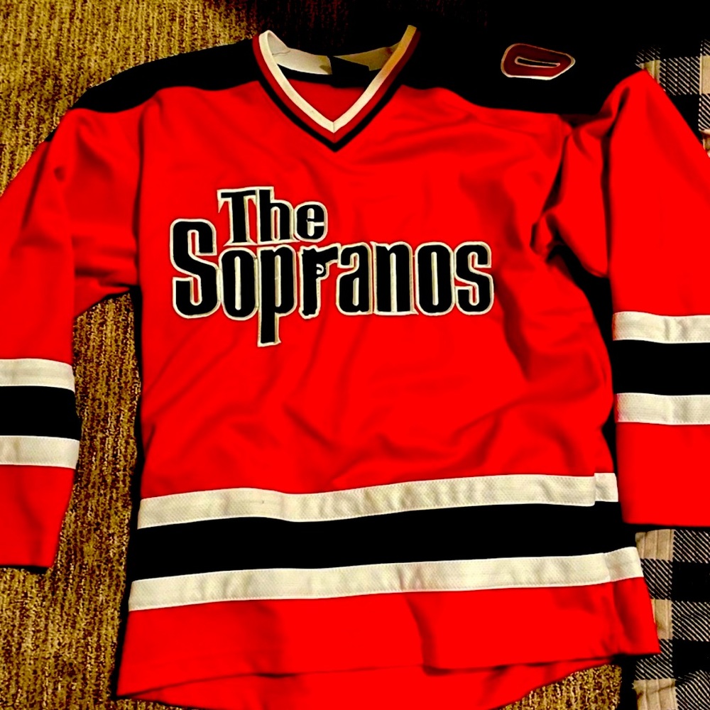 100% polyester Sopranos hockey Jersey, red, white and black, NWOT, never worn.